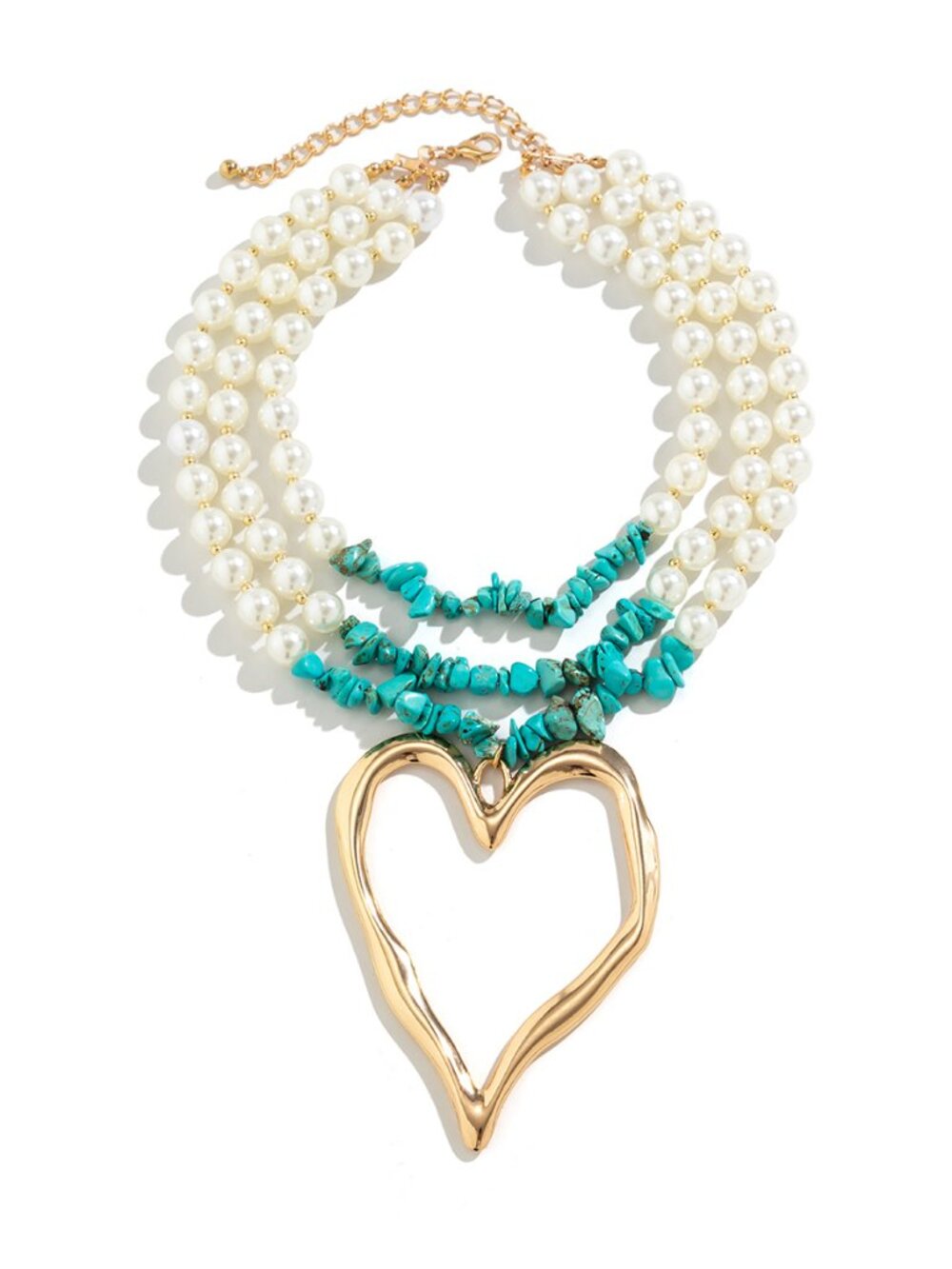 Large Heart Turquoise color Multi Layer Faux Pearl Statement Necklace - Picture 2 of 4